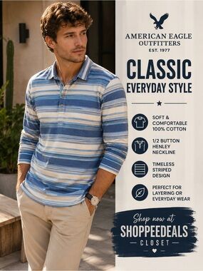 American Eagle Outfitters Blue Striped Long Sleeve Henley Shirt – Men’s Medium